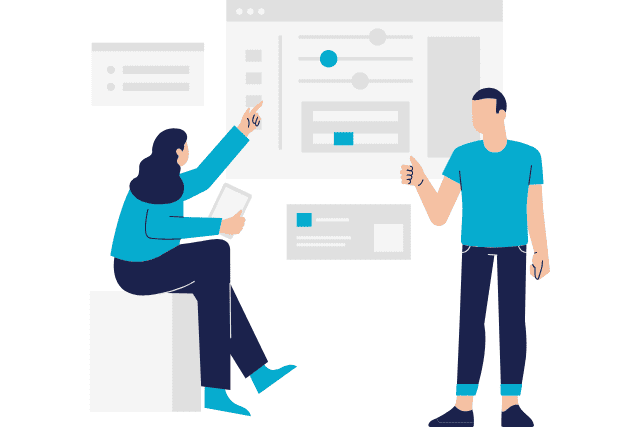 日本の職場を想定した研修で、複数の社員が協力しながらディスカッションを行っている様子を表したイラスト