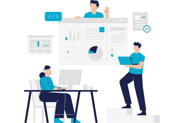 介護やIT、運送など複数の業界を想定し、講師の説明を受けながら研修に参加する外国人社員の様子を表したイラスト