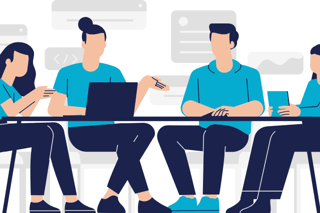 職場を想定した研修の場で、ジェスチャーを交えながら会話を行う外国人社員同士のコミュニケーションを表したイラスト