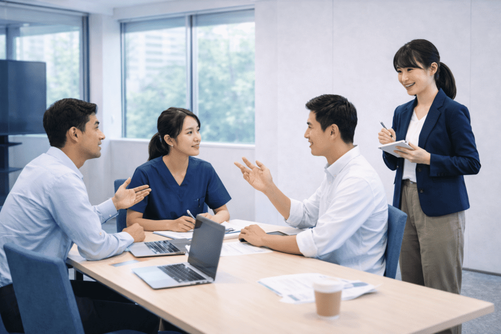 IT・介護・外食などの職場で、外国籍社員が日本語の実践型トレーニングを受けている様子。現場で直面する業務シーンを演習形式で学んでいる。